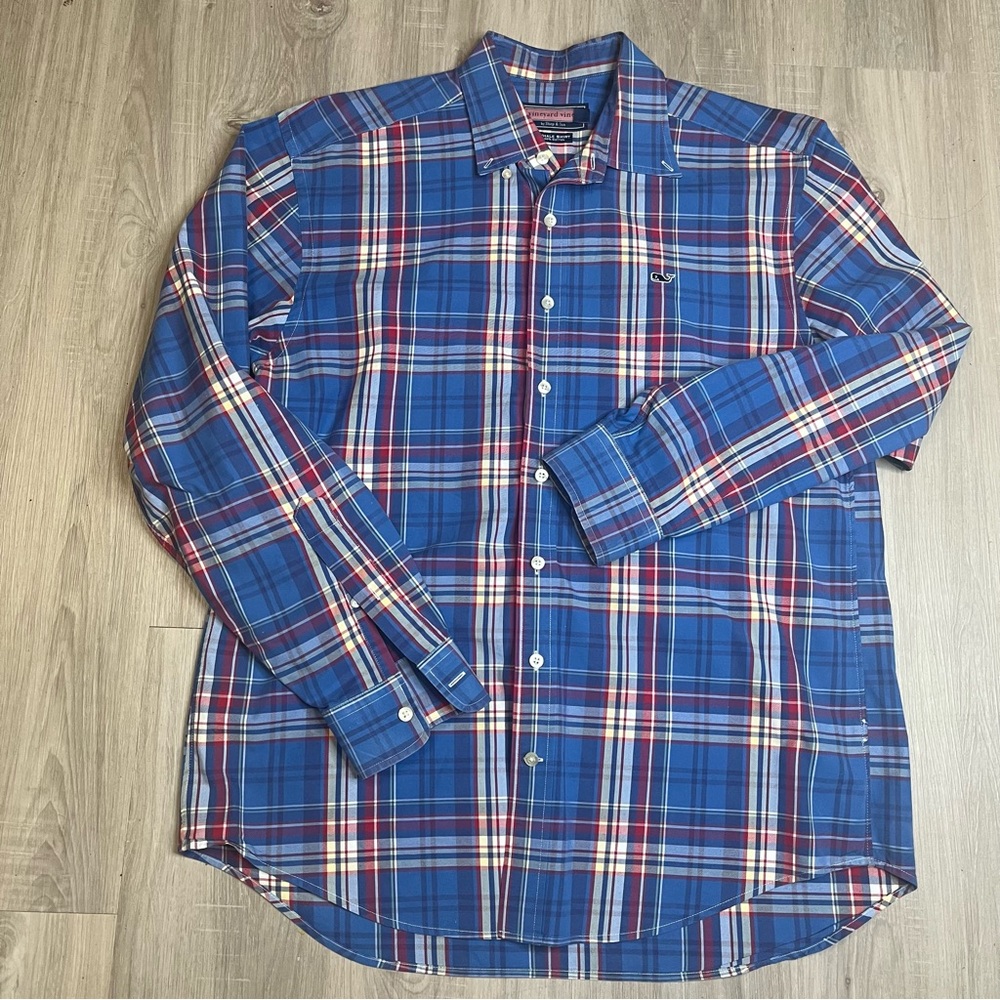 Men’s Vineyard Vine checkered Blue Plaid Button Down Shirt Sz‎ Medium